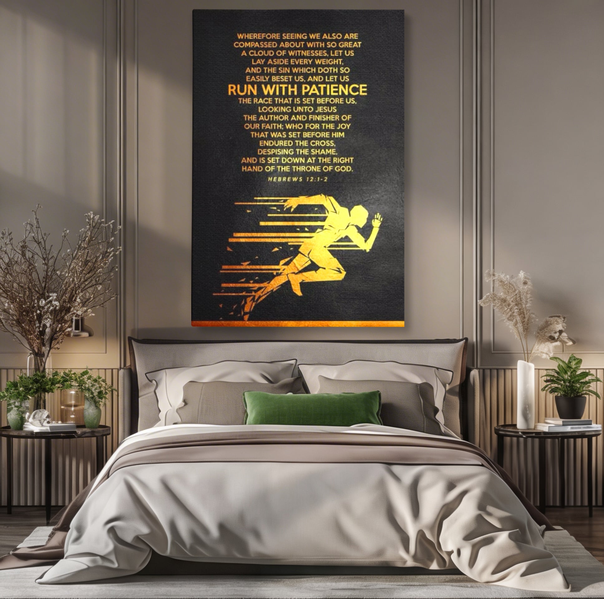 Tablou canvas cu tablou canvas cu alergator si verset biblic, fara rama, pe sasiu de lemn, pe perete intr-un dormitor